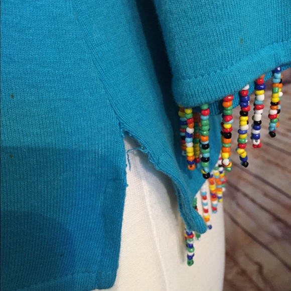 Aqua/blue top with beaded fringe - Picture 6 of 7